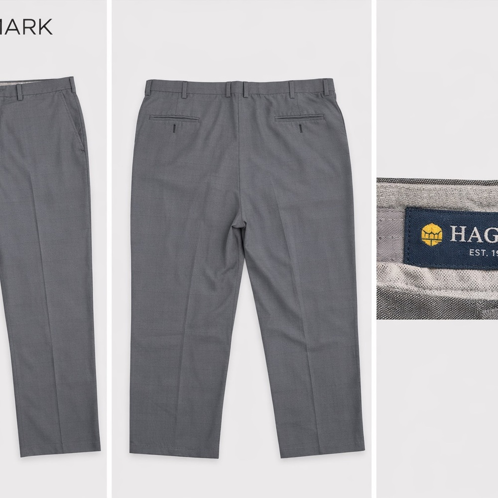 Haggar Men’s Gray Dress Pants 42x30 Flat Front Subtle Plaid